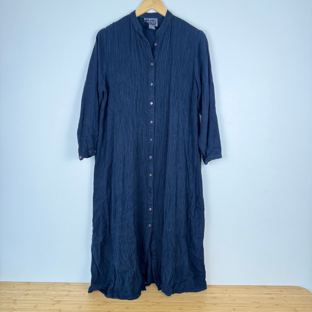 April Cornell Navy Blue Crinkle Rayon Long Sleeve Button Front Maxi Dress M